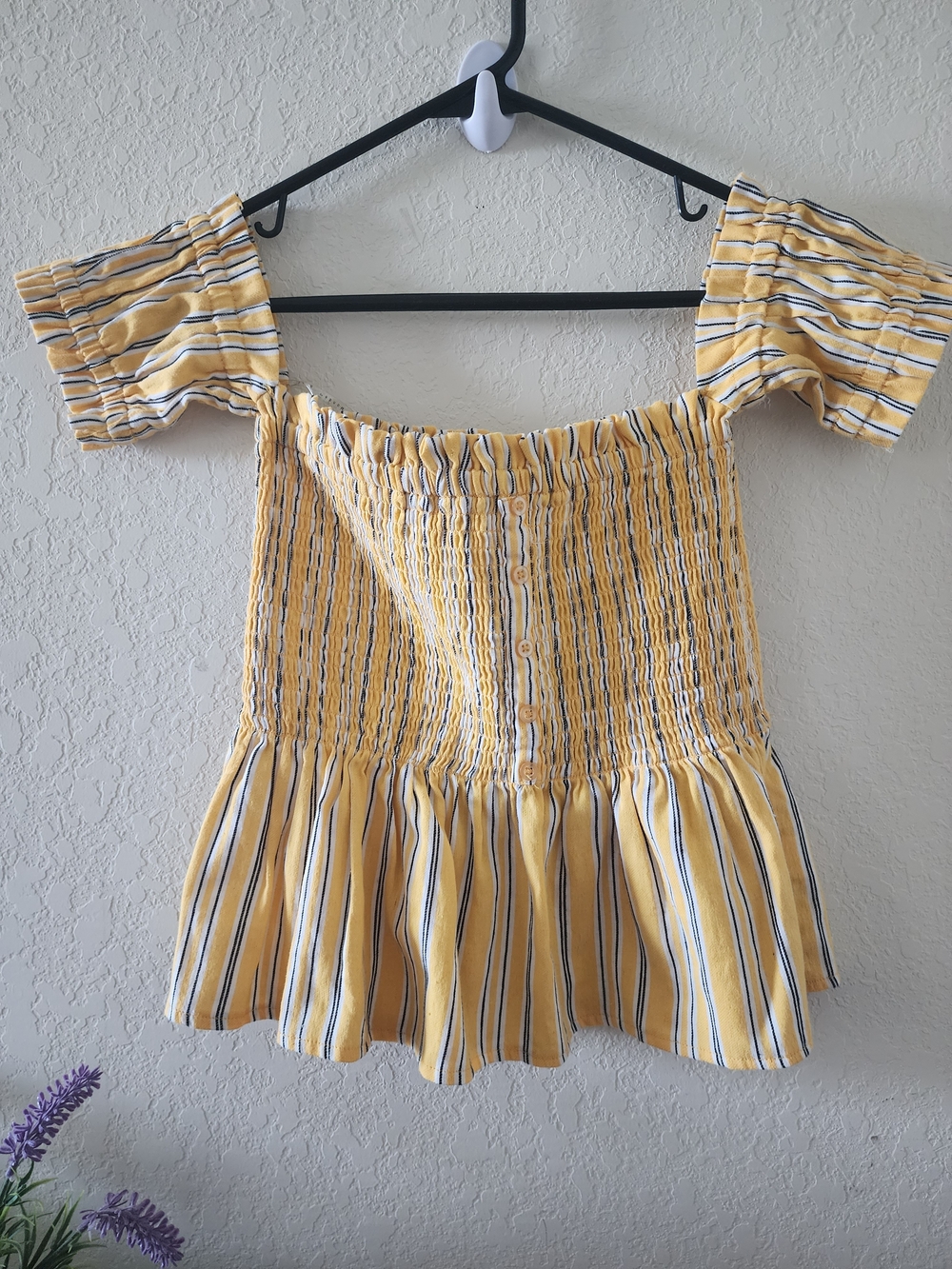Girls Yellow Striped Smocked Off-Shoulder Top with Buttons